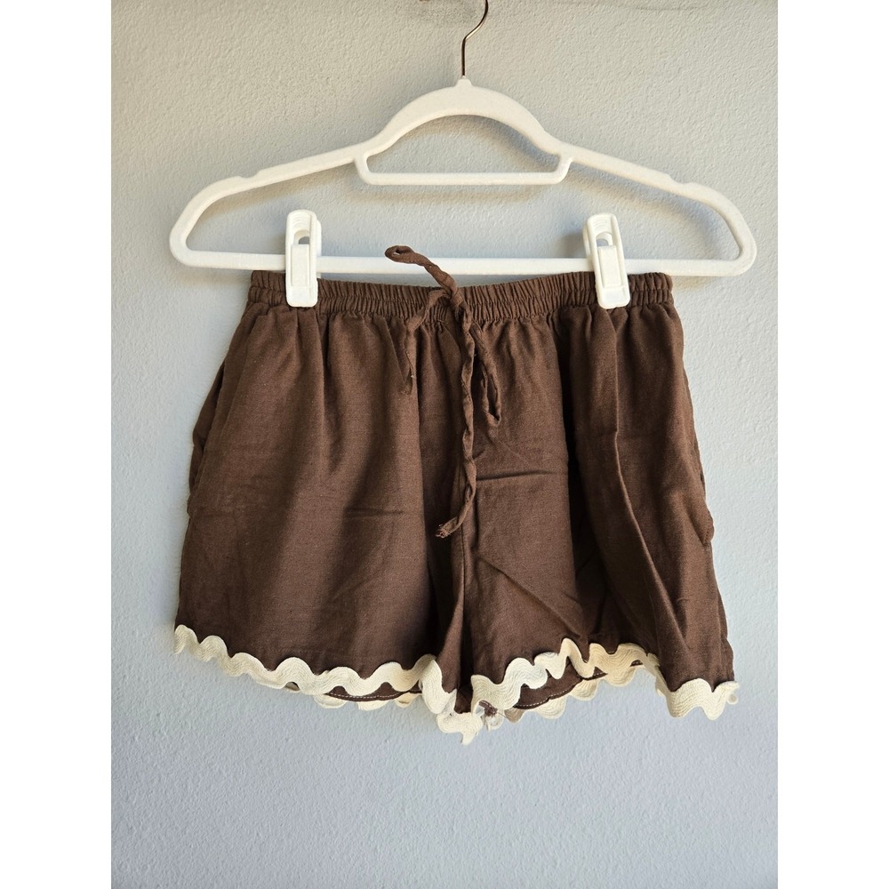Brown Scalloped Ric Rac Hem Linen Blend Shorts Midnight Sky XS